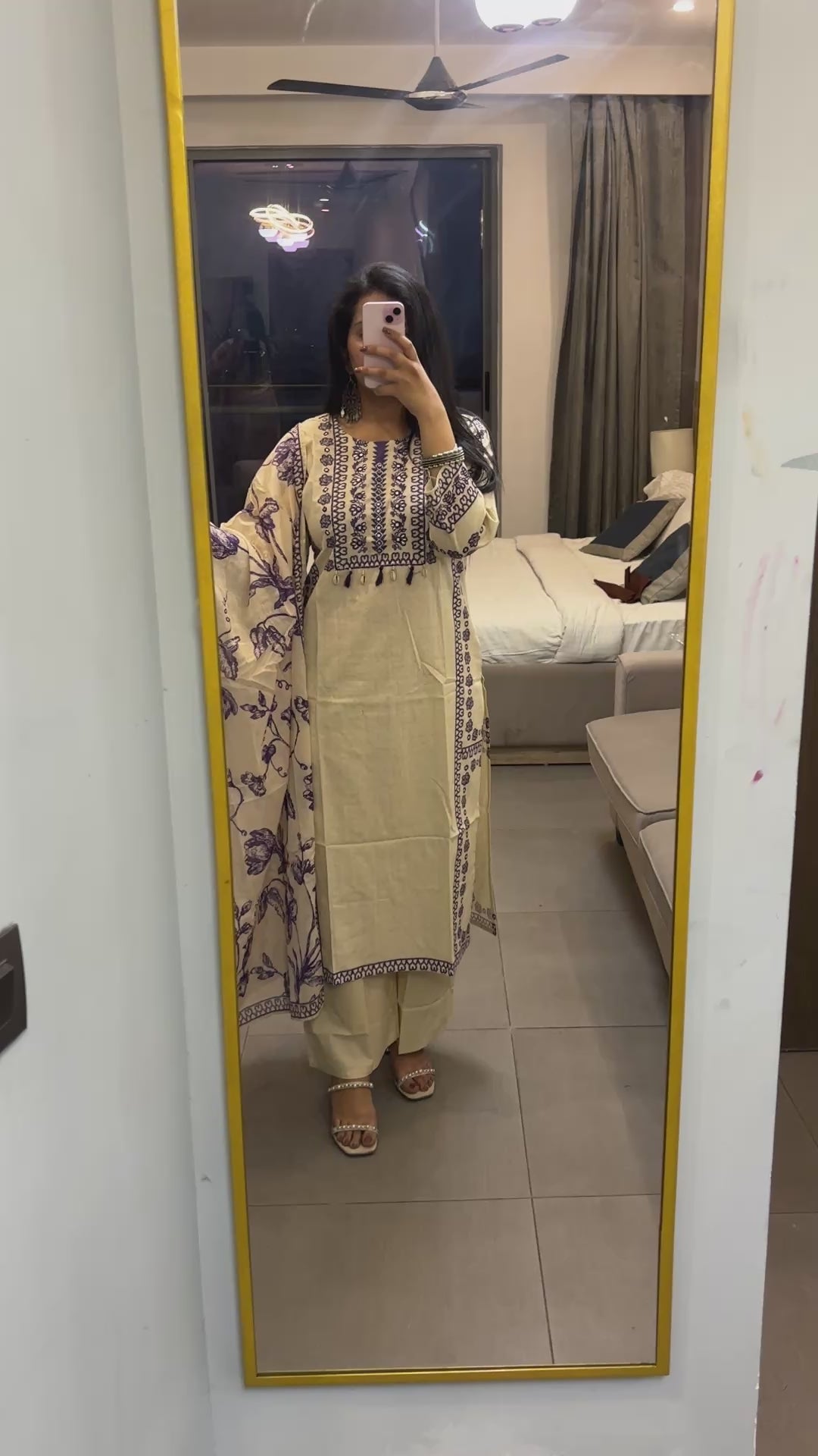 Beige Khadi Suit with Purple Embroidery