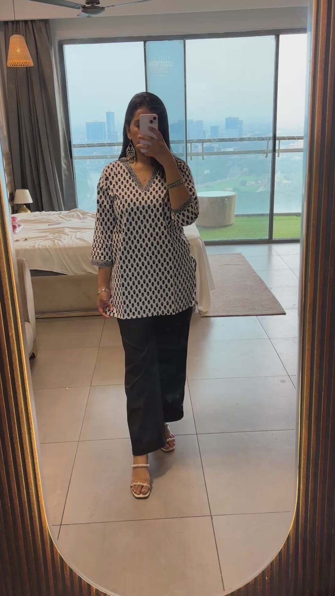 White Black Floral Printed Cotton Kurti